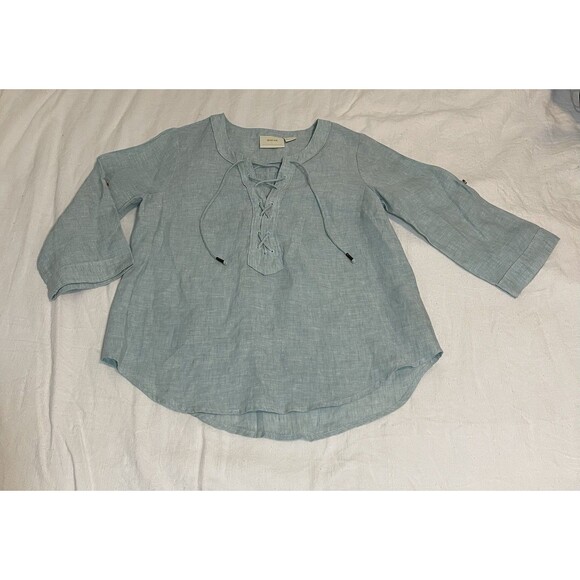 Maeve Anthropologie Blue Linen Lace Up Tab Sleeve Top Sz 2 - Picture 1 of 11